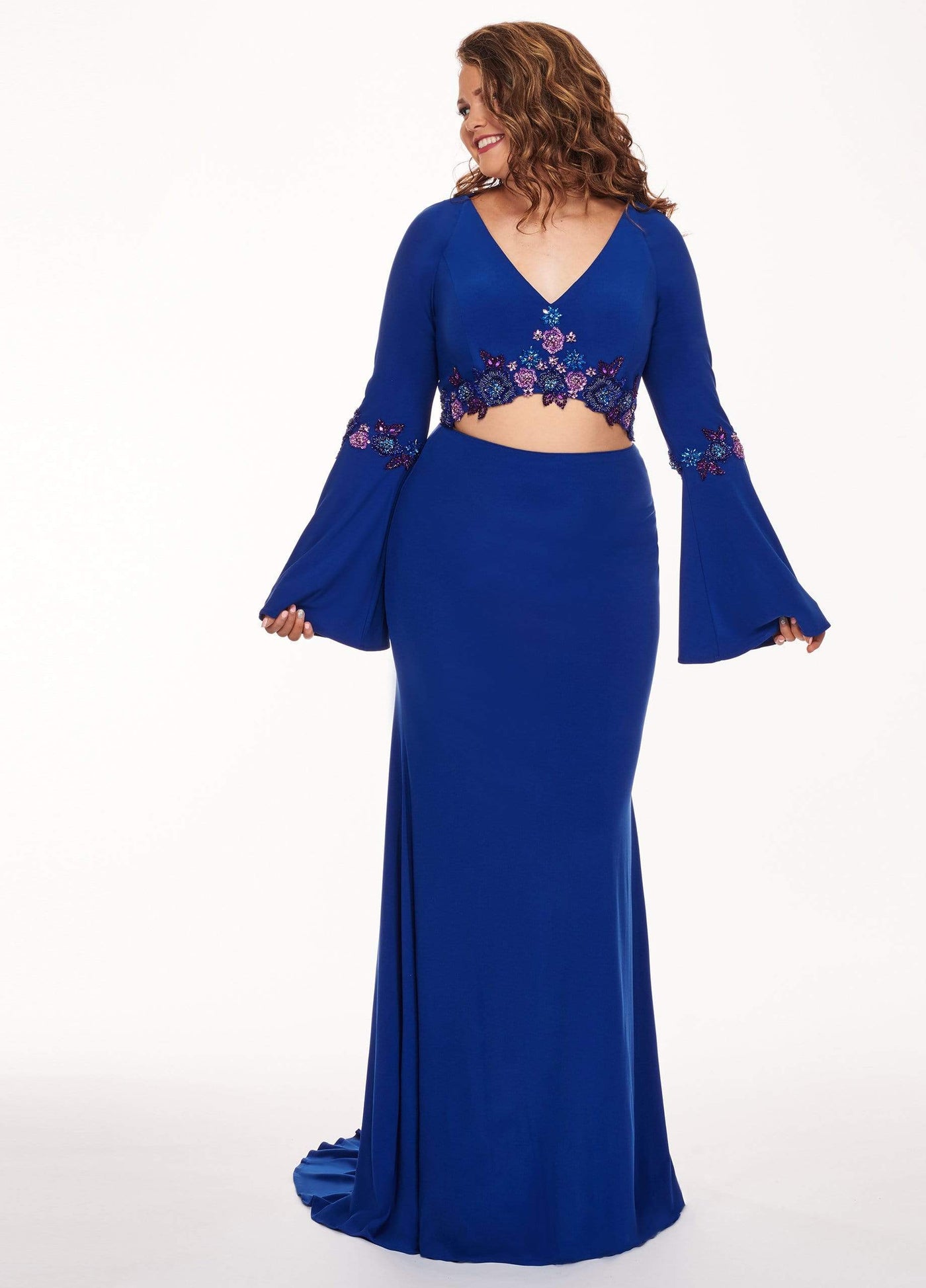 Rachel Allan Curves - 6689 Two Piece Beaded Long Sleeve Jersey Dress Evening Dresses 14W / Royal