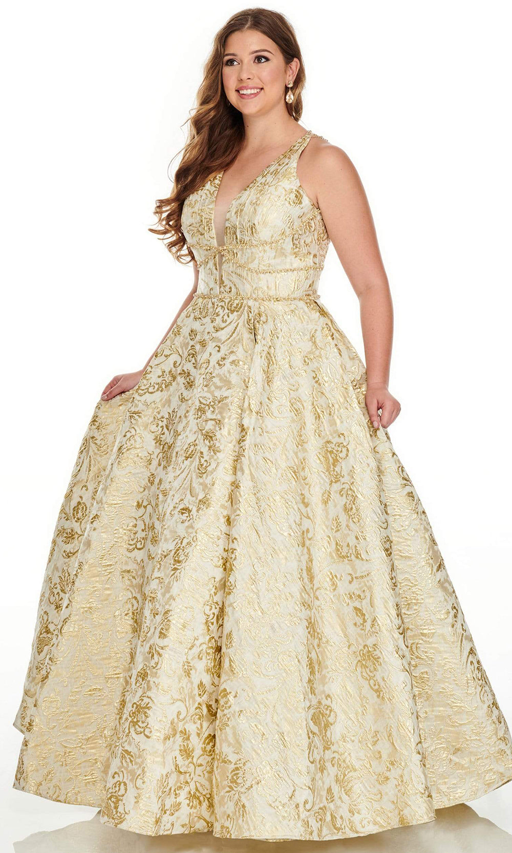 Rachel Allan - 7226SC V Neck Jacquard A-line Dress In Gold