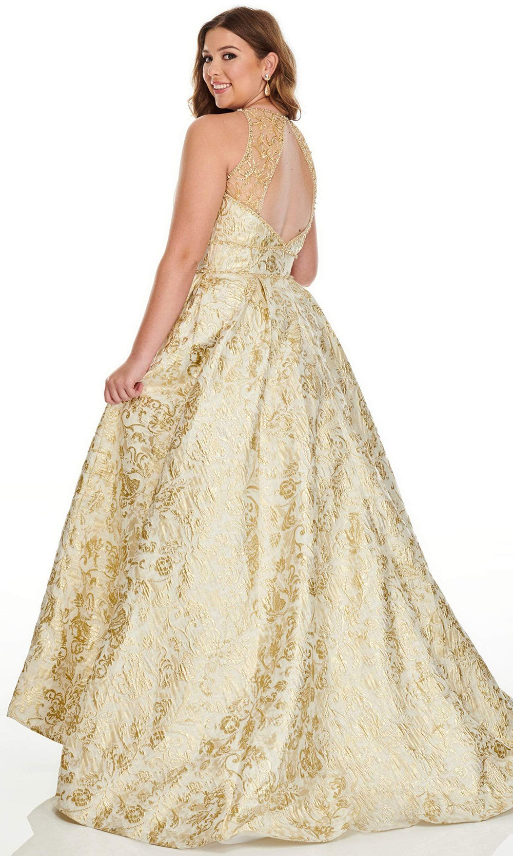 Rachel Allan - 7226SC V Neck Jacquard A-line Dress In Gold