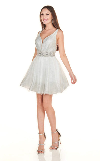 Rachel Allan Homecoming - 4132 Deep V-neck Glitter Tulle A-line Dress Special Occasion Dress 0 / White Silver