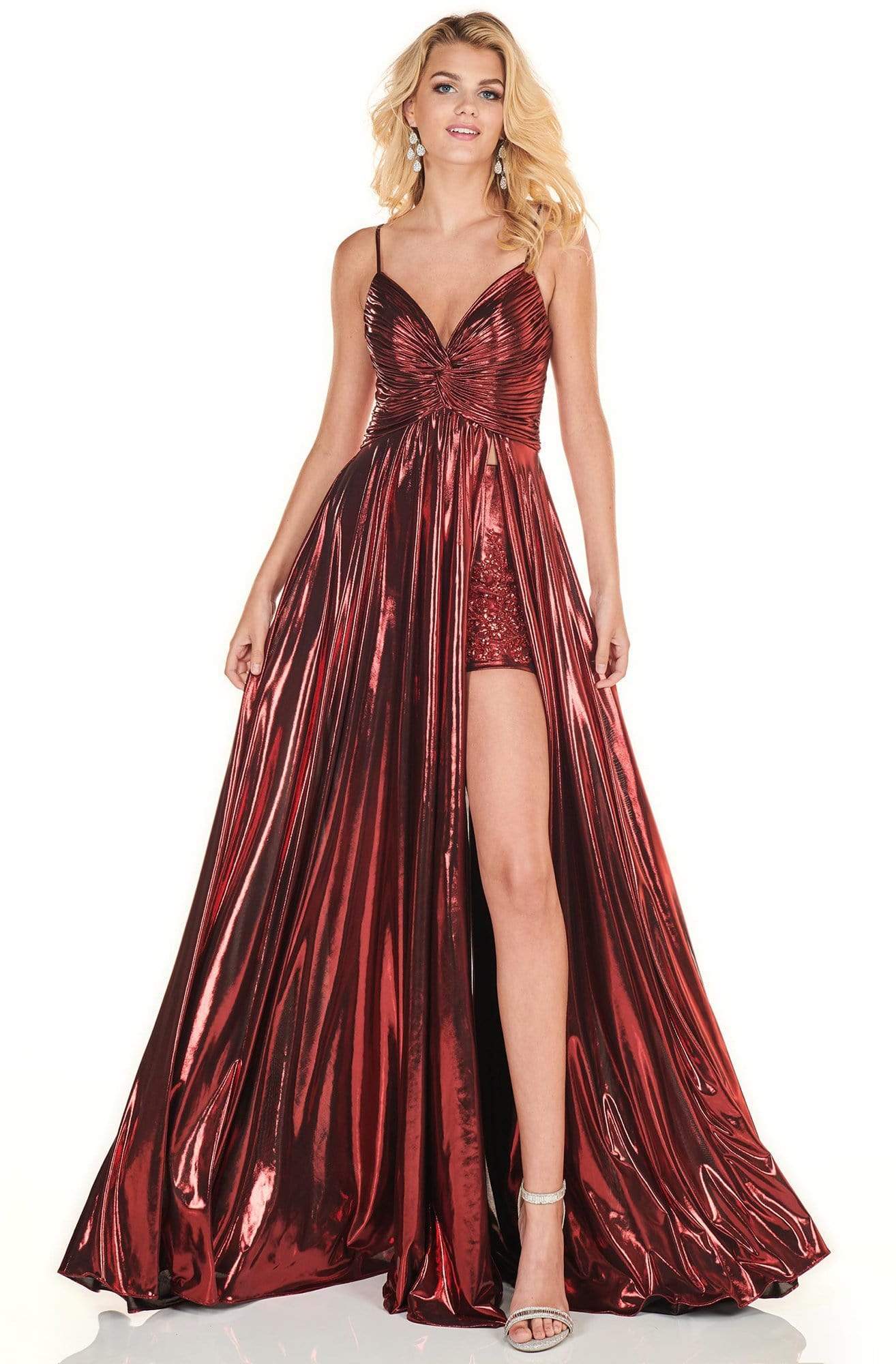 Rachel Allan Homecoming - 4142 Ruched Deep V-neck A-line Gown Prom Dresses 0 / Burgundy