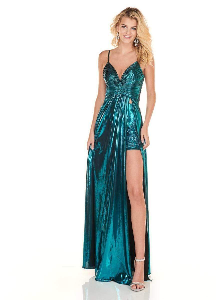 Rachel Allan Homecoming - 4142 Ruched Deep V-neck A-line Gown Prom Dresses 0 / Dark Teal