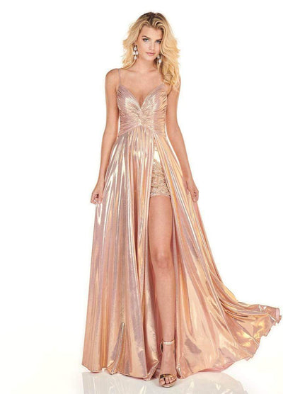 Rachel Allan Homecoming - 4142 Ruched Deep V-neck A-line Gown Prom Dresses 0 / Rose Gold