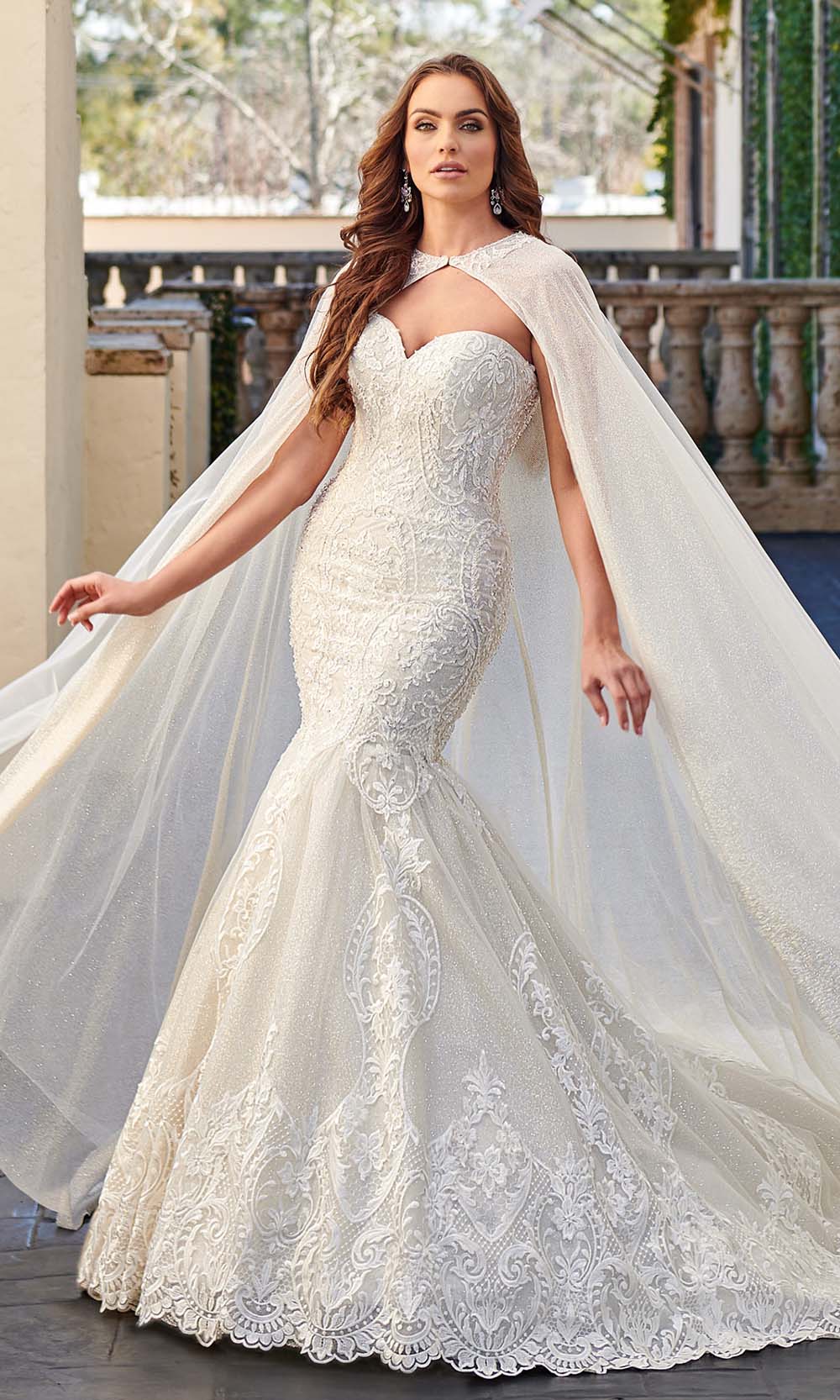 Rachel Allan - M781 Embroidered Lace Mermaid Wedding Gown With Cape Wedding Dresses 10 / White