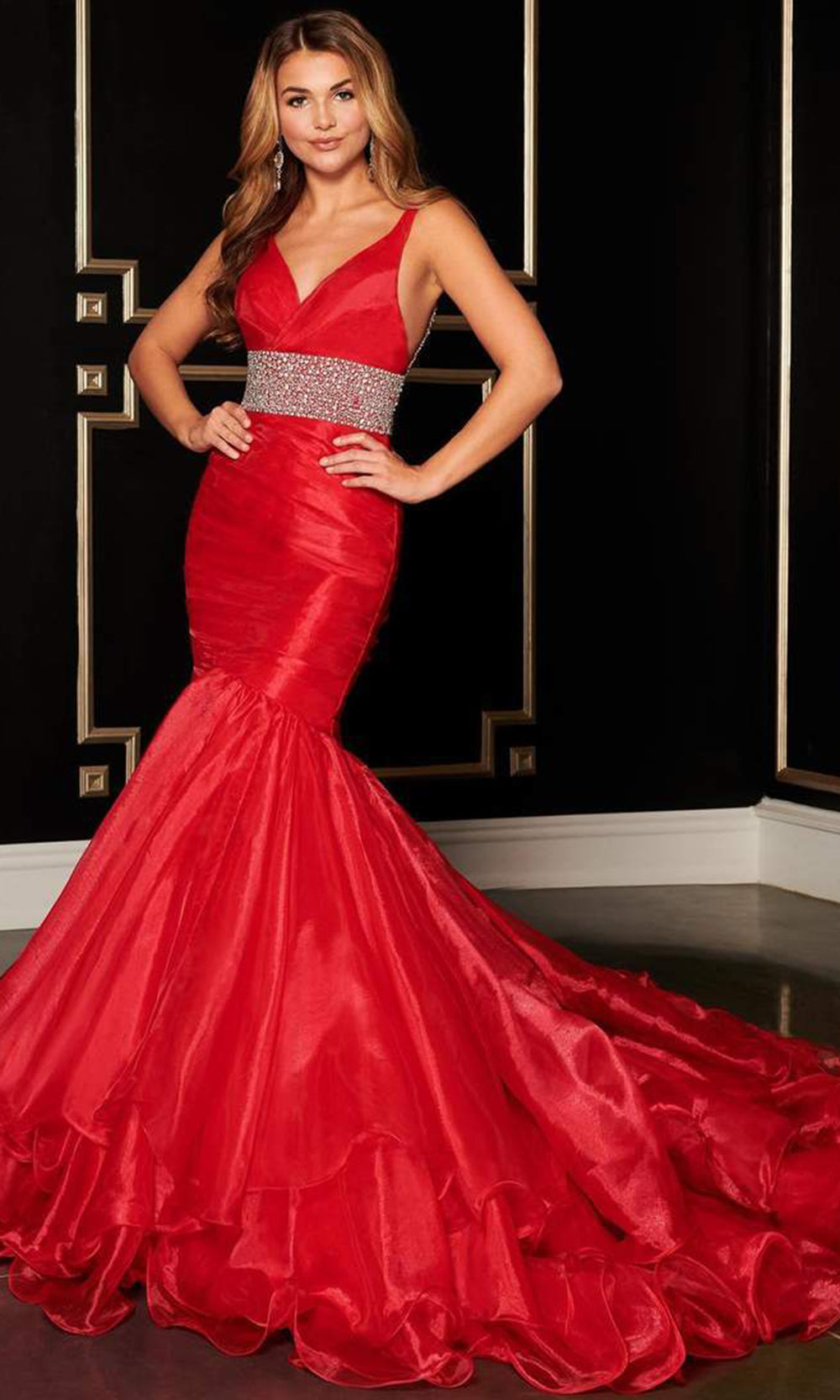 Rachel Allan - Pleated V-Neckline Embellished Mermaid Dress 5108 - 1 pc Red In Size 10 Available CCSALE 10 / Red