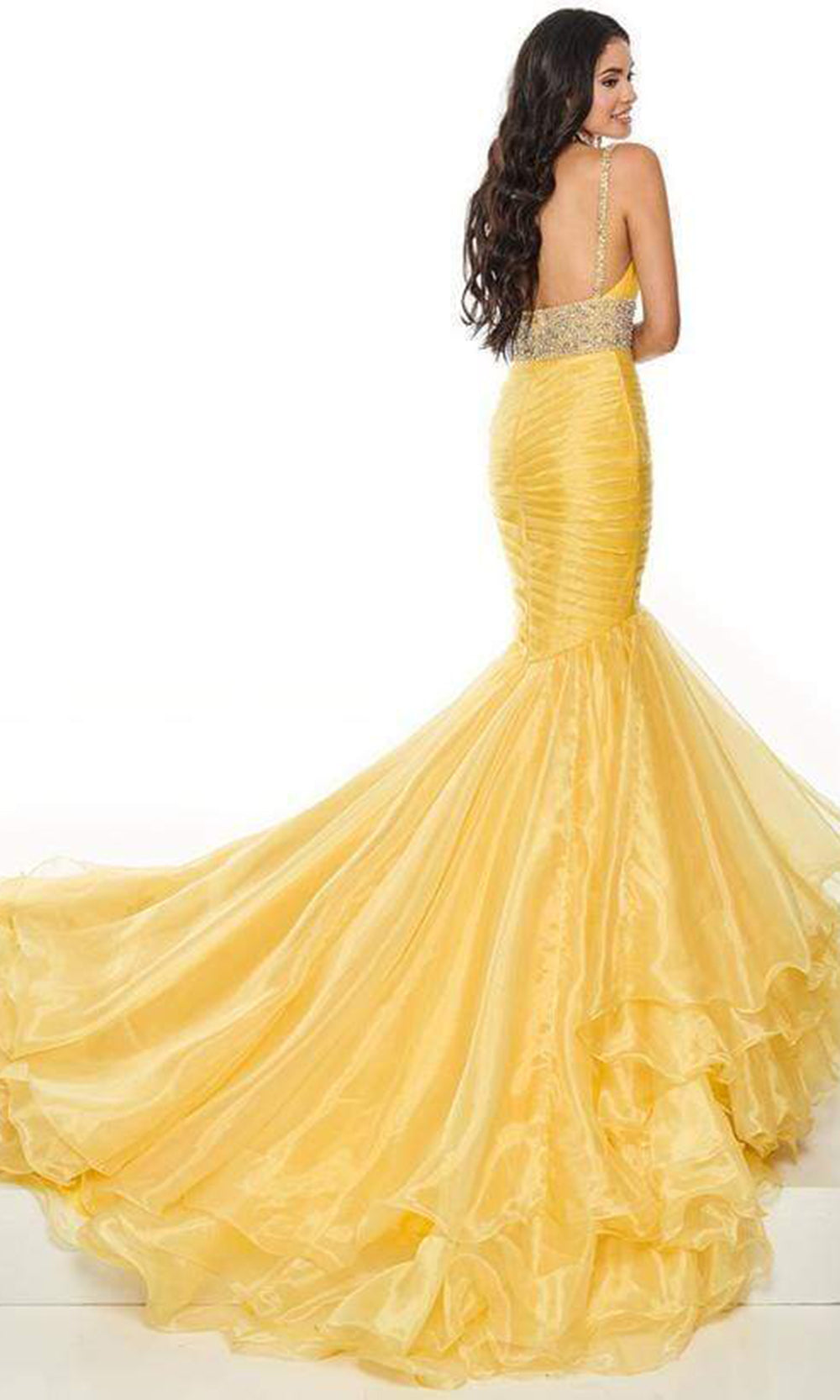 Rachel Allan - Pleated V-Neckline Embellished Mermaid Dress 5108 - 1 pc Yellow In Size 6 Available CCSALE 6 / Yellow
