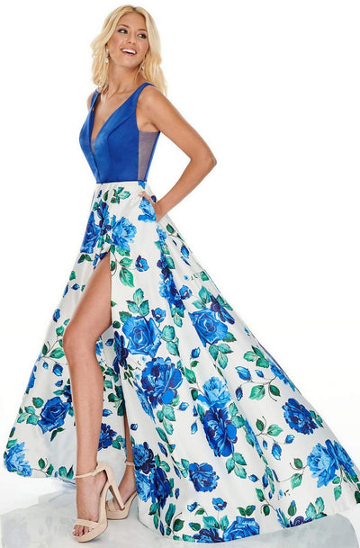 Rachel Allan Prom - 7021 Plunging Neck Floral High Slit Gown Prom Dresses 0 / White Royal