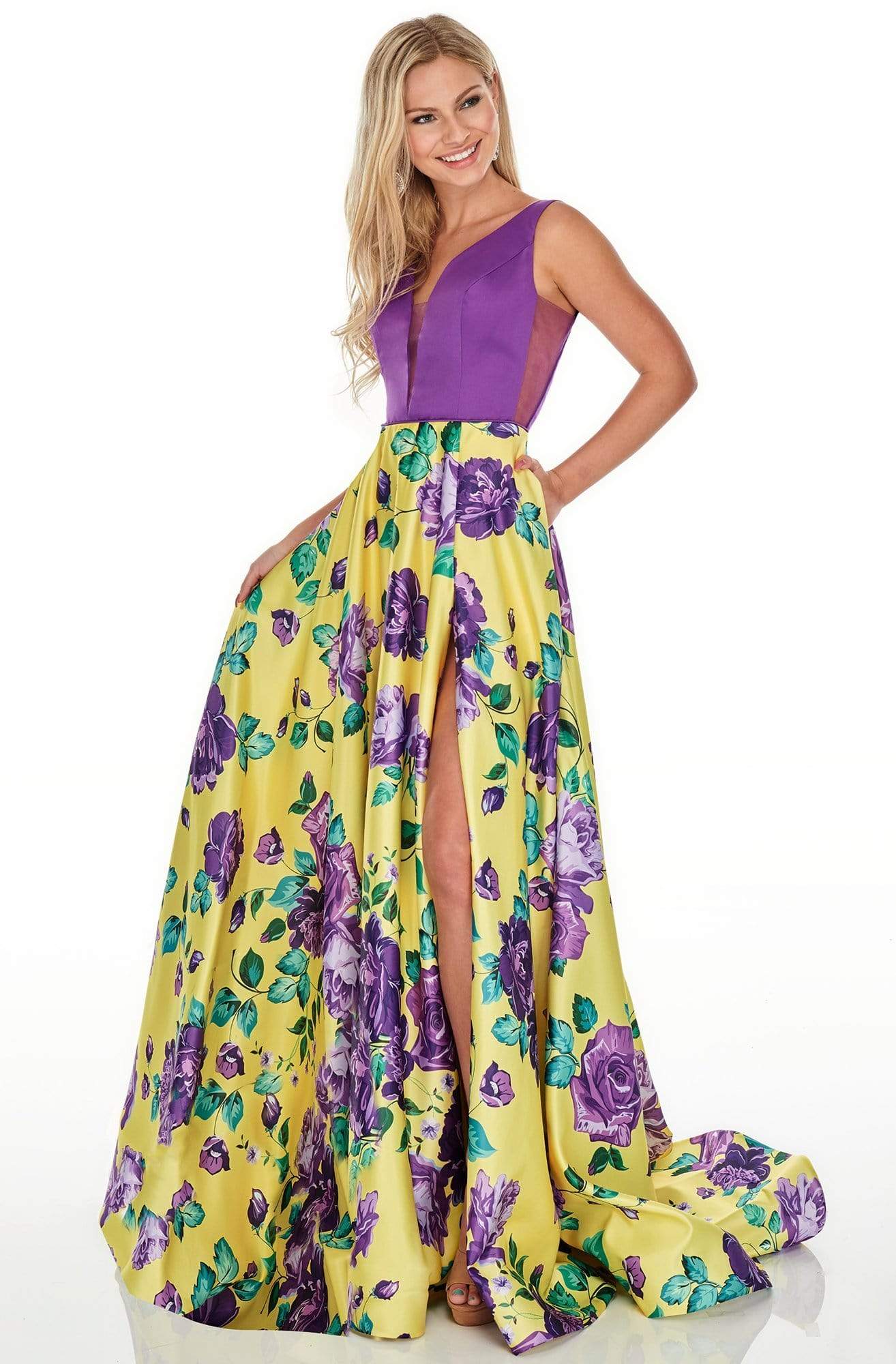 Rachel Allan Prom - 7021 Plunging Neck Floral High Slit Gown Prom Dresses 0 / Yellow Purple