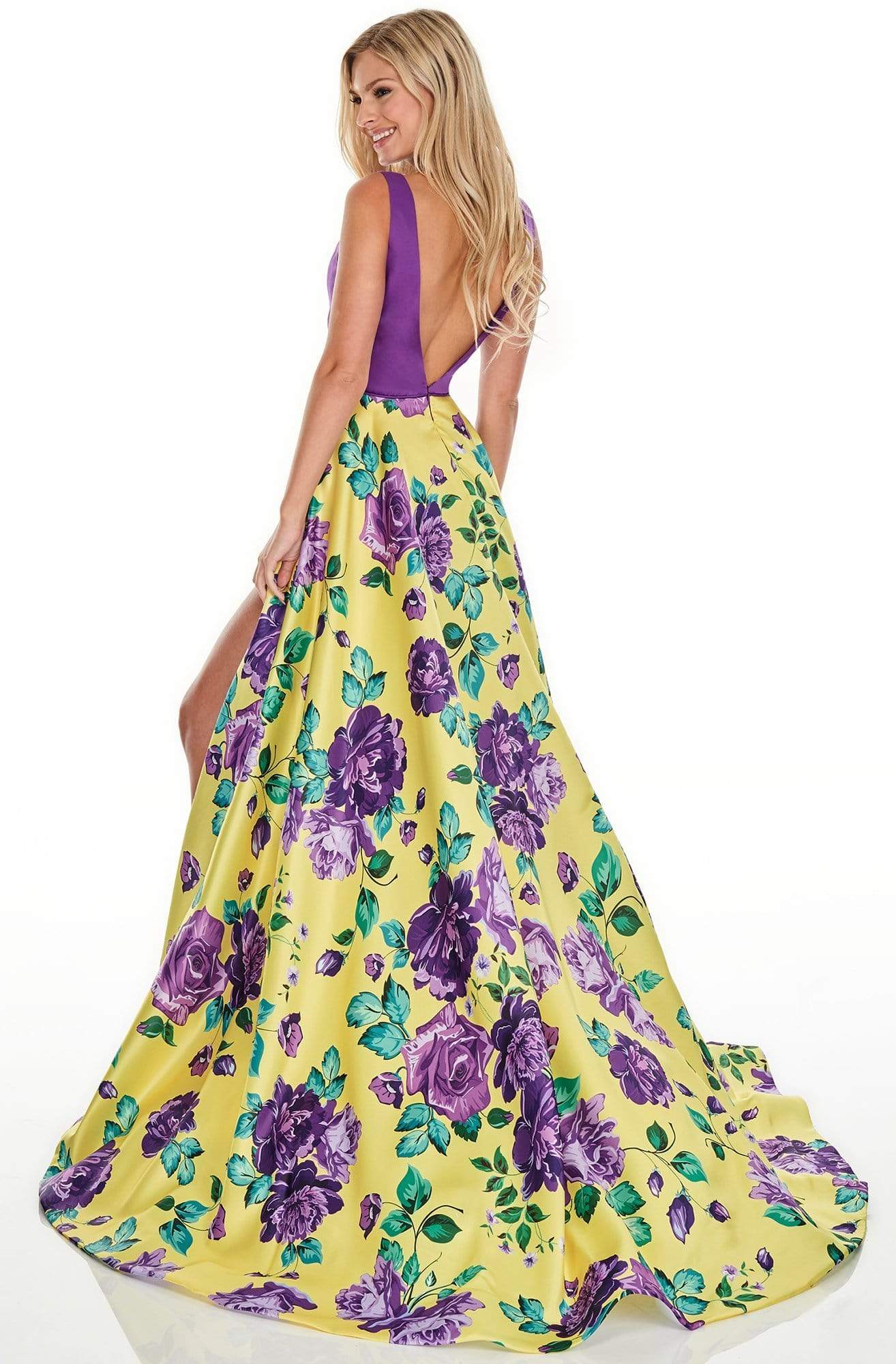 Rachel Allan Prom - 7021 Plunging Neck Floral High Slit Gown Prom Dresses