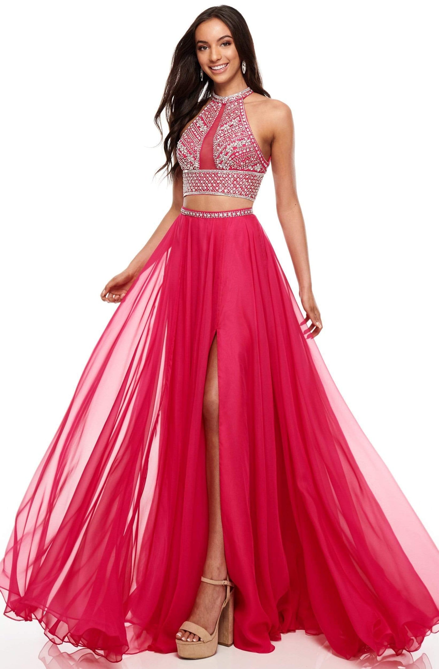 Rachel Allan Prom - 7034 Two Piece Embellished A-Line Gown Prom Dresses 0 / Fuchsia