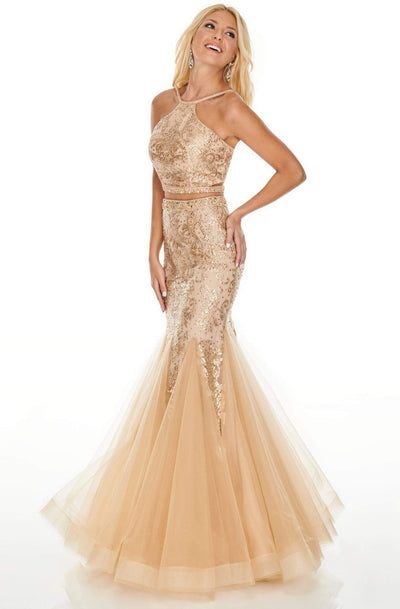 Rachel Allan Prom - 7057 Two Piece Embroidered Halter Mermaid Dress Prom Dresses 0 / Deep Champagne