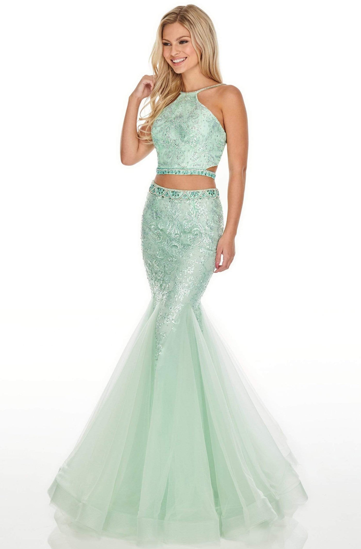 Rachel Allan Prom - 7057 Two Piece Embroidered Halter Mermaid Dress Prom Dresses 0 / Mint
