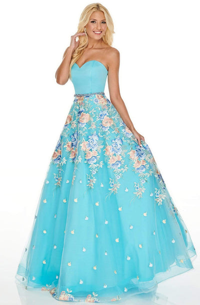 Rachel Allan Prom - 7063 Strapless Bodice Embroidered A-Line Gown Prom Dresses 0 / Aqua Multi