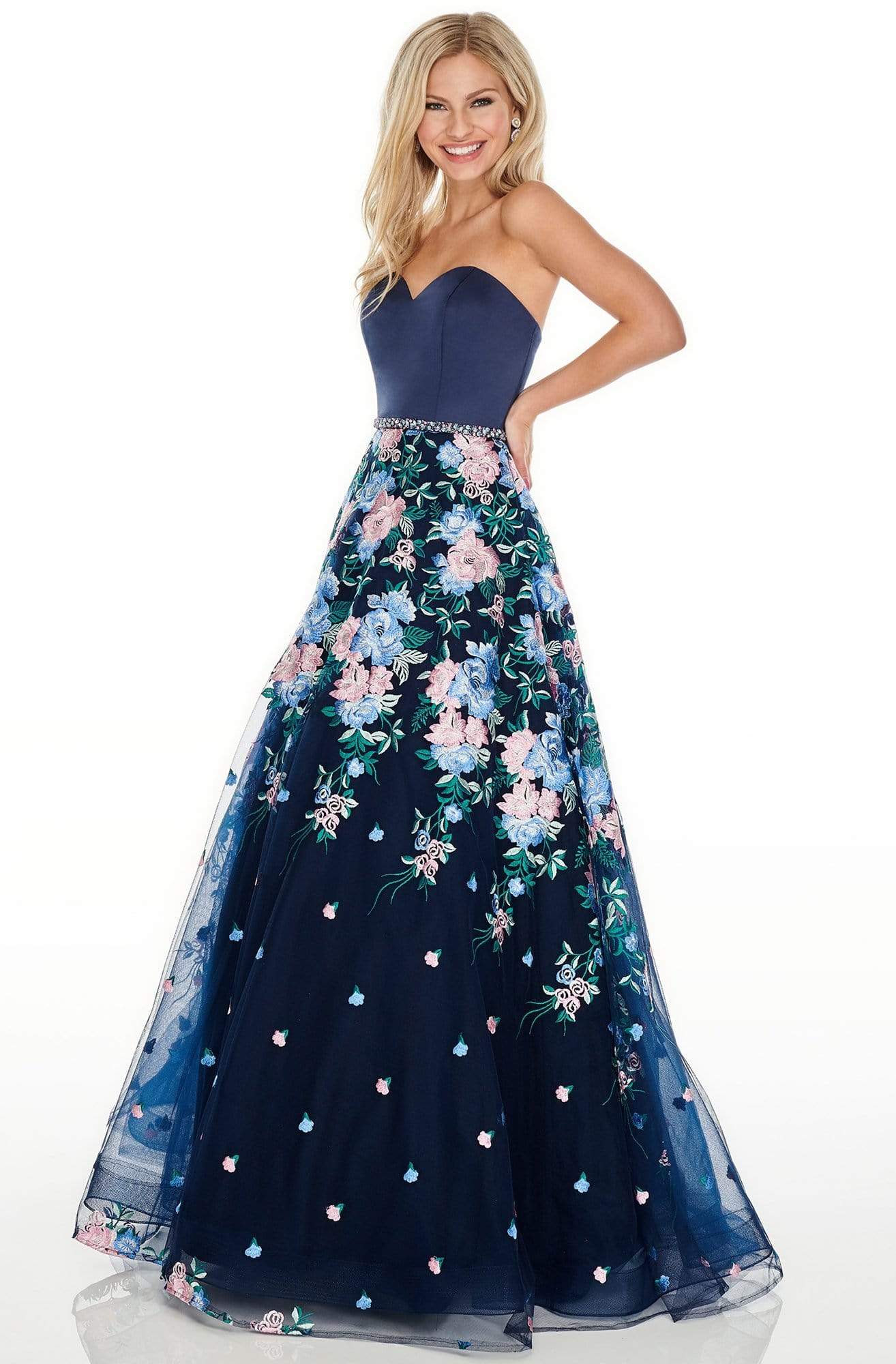 Rachel Allan Prom - 7063 Strapless Bodice Embroidered A-Line Gown Prom Dresses 0 / Navy Multi