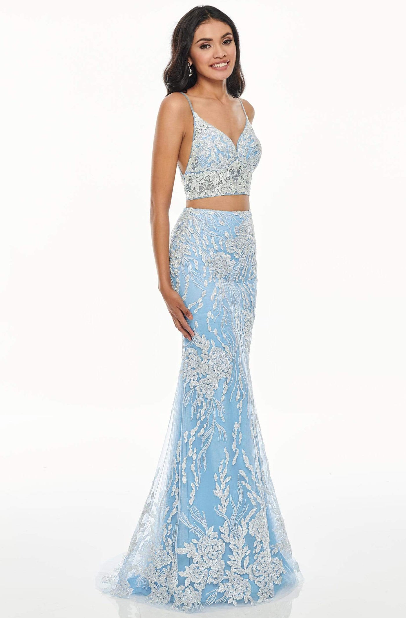 Rachel Allan Prom - 7072 Two Piece Sequined V-Neck Trumpet Dress Prom Dresses 0 / Powder Blue