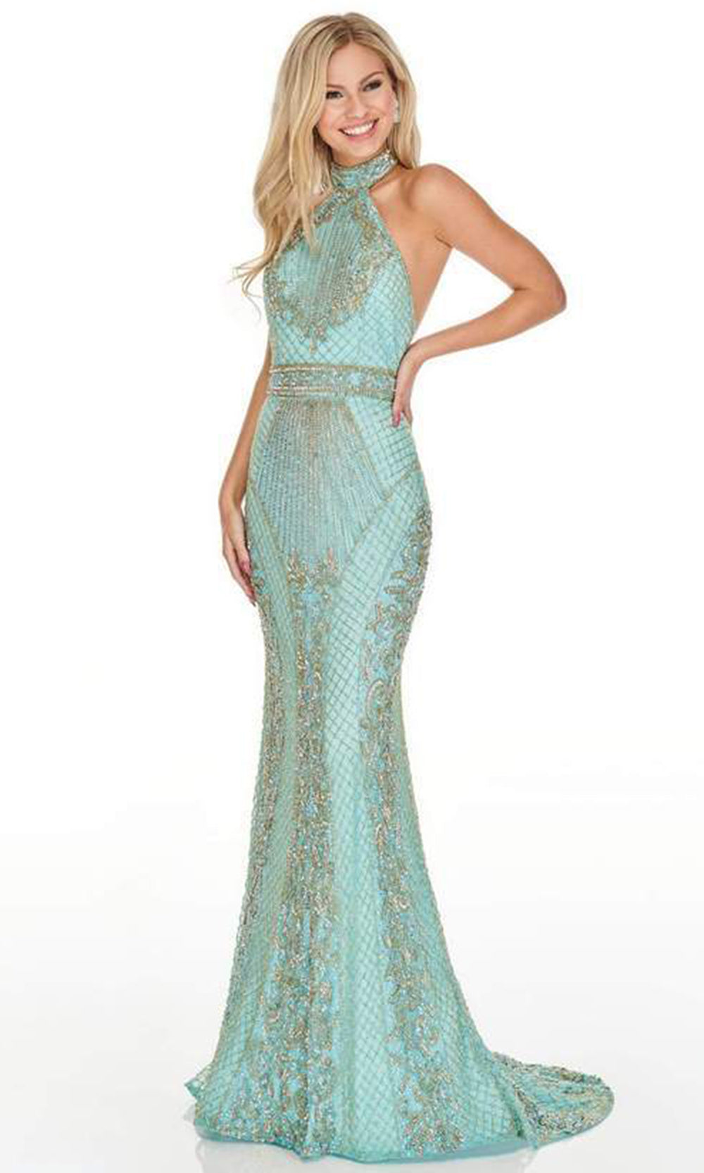 Rachel Allan - High Halter Trumpet Evening Gown 7077 In Green