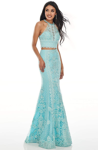 Rachel Allan Prom - 7088 Two Piece Embroidered Halter Trumpet Dress Prom Dresses 0 / Aqua Blue
