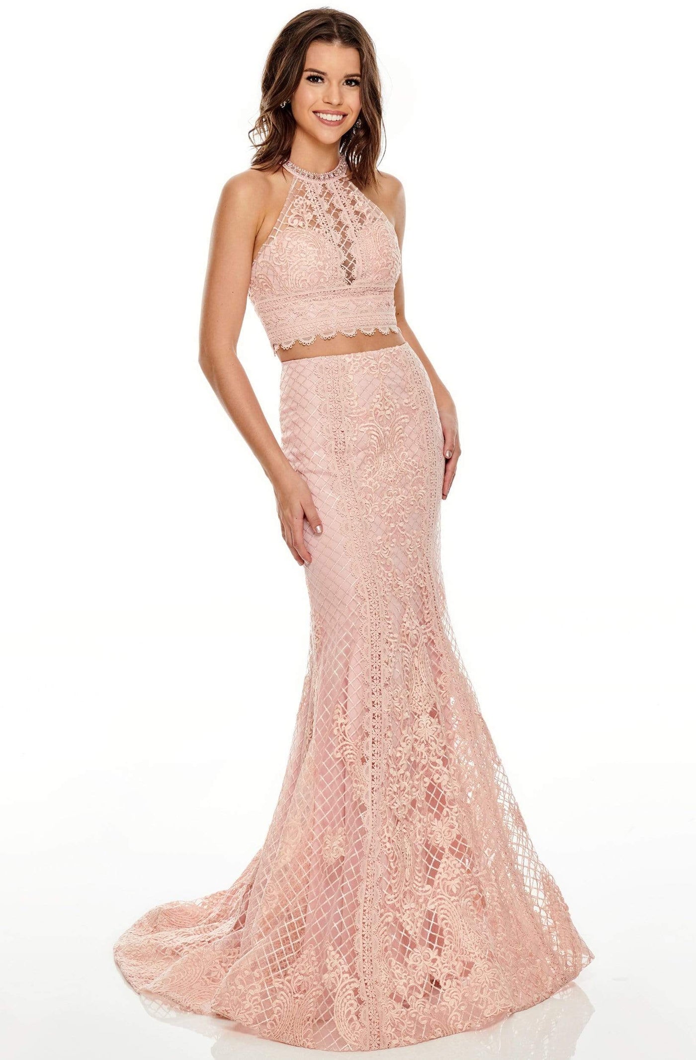 Rachel Allan Prom - 7088 Two Piece Embroidered Halter Trumpet Dress Prom Dresses 0 / Blush
