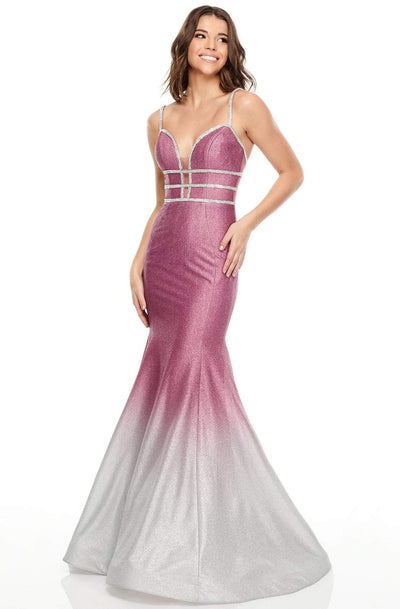 Rachel Allan Prom - 7092 Plunging Ombre Shimmer Mermaid Gown Prom Dresses 0 / Magenta Ombre