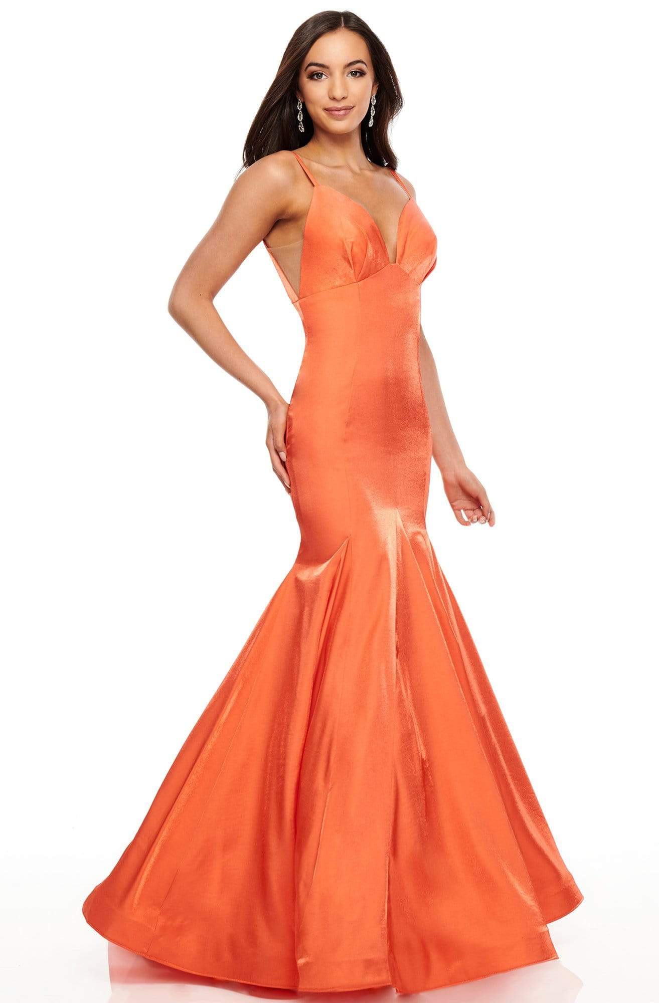 Rachel Allan Prom - 7114 Plunging Bodice Satin Trumpet Gown Prom Dresses 0 / Tangerine