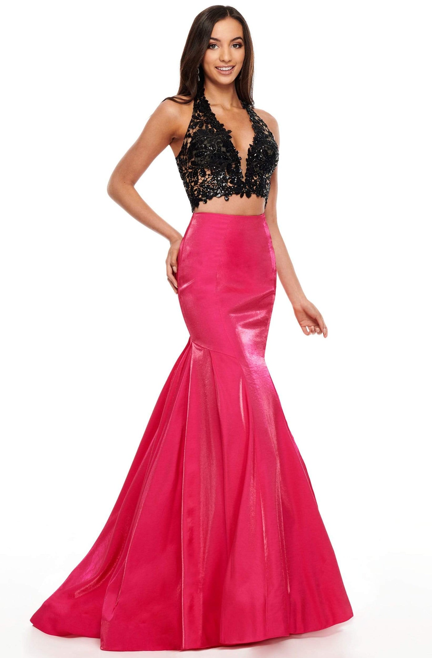 Rachel Allan Prom - 7151 Two Piece Lace Satin Mermaid Dress Prom Dresses 0 / Black Fuchsia