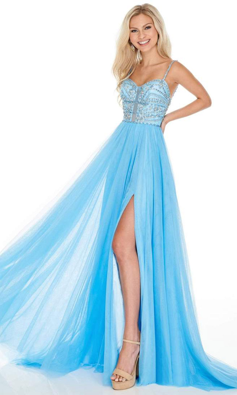 Rachel Allan - 7152SC Sleeveless Spaghetti Straps Long Gown With Slit In Blue