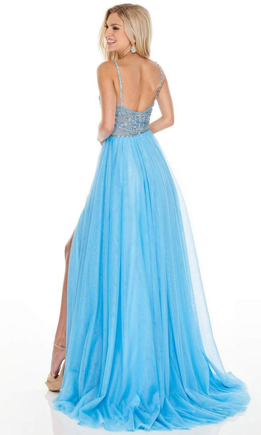 Rachel Allan - 7152SC Sleeveless Spaghetti Straps Long Gown With Slit In Blue