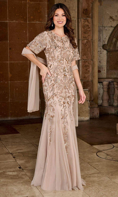 Rachel Allan RB8128 - Short Sleeve Beaded Dress Evening Dressess 0 / Blush Rose Gold