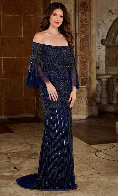 Rachel Allan RB8134 - Flutter Sleeve Off-Shoulder Dress Evening Dressess 0 / Navy Gunmetal