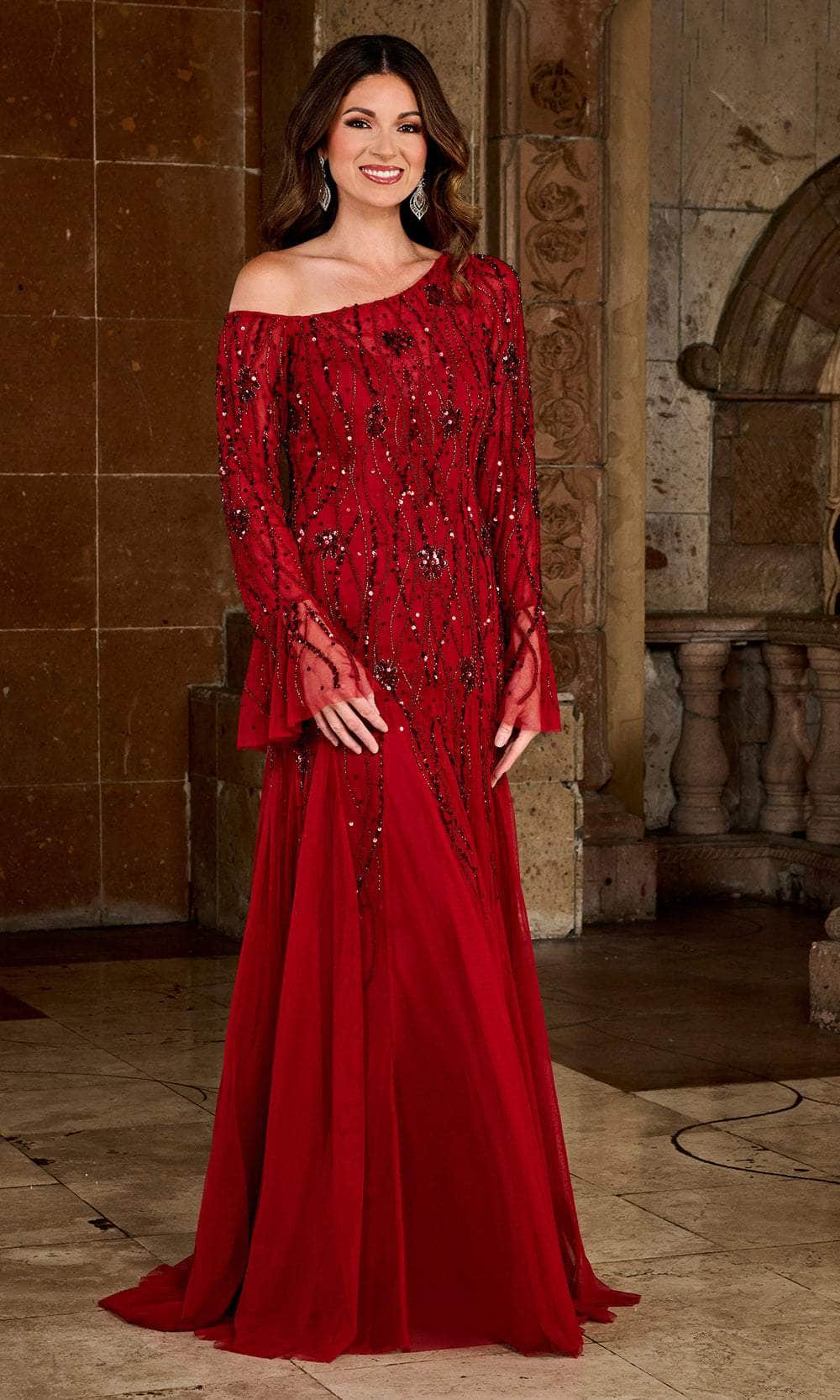 Rachel Allan RB8135 - Asymmetrical Neck Long Sleeve Dress Evening Dressess 0 / Deep Burgundy