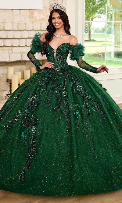 Rachel Allan RQ2184 - 3D Floral Embellished Plunging Neck Ballgown Ball Gowns 0 / Emerald