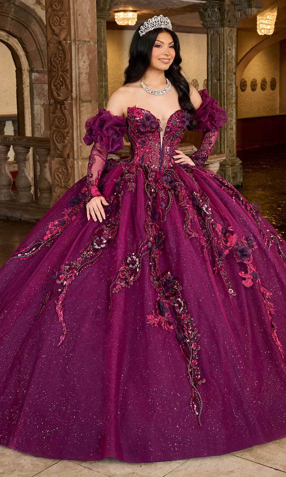 Rachel Allan RQ2184 - 3D Floral Embellished Plunging Neck Ballgown Ball Gowns 0 / Wine