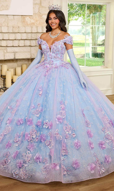 Rachel Allan RQ2190 - Off-Shoulder 3D Floral Embellished Ballgown Ball Gowns 0 / Lilac Light Blue