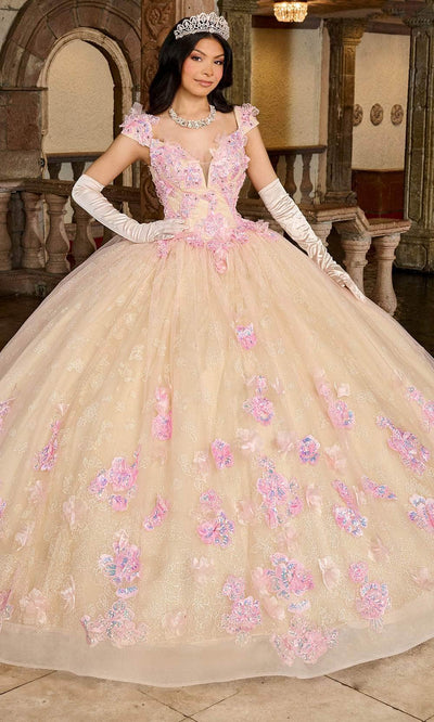 Rachel Allan RQ2190 - Off-Shoulder 3D Floral Embellished Ballgown Ball Gowns 0 / Pink Champagne