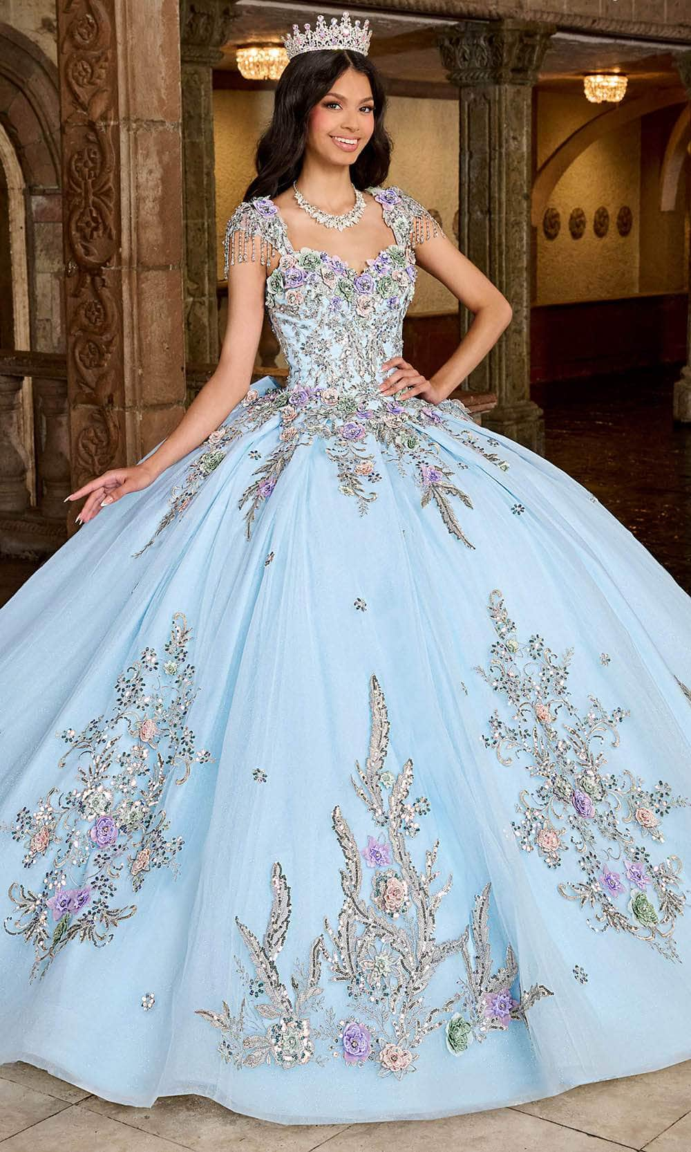 Rachel Allan RQ3126 - 3D Floral Embellished Sweetheart Neck Ballgown Ball Gowns 0 / Light Blue Silver Multi