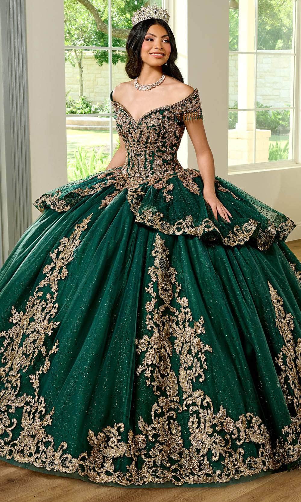 Rachel Allan RQ3129 - Off-Shoulder Fringe Embellished Ballgown Ball Gowns 0 / Emerald Gold