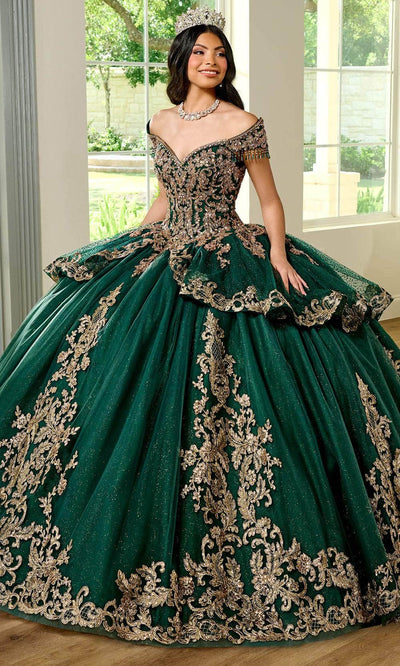Rachel Allan RQ3129 - Off-Shoulder Fringe Embellished Ballgown Ball Gowns 0 / Emerald Gold