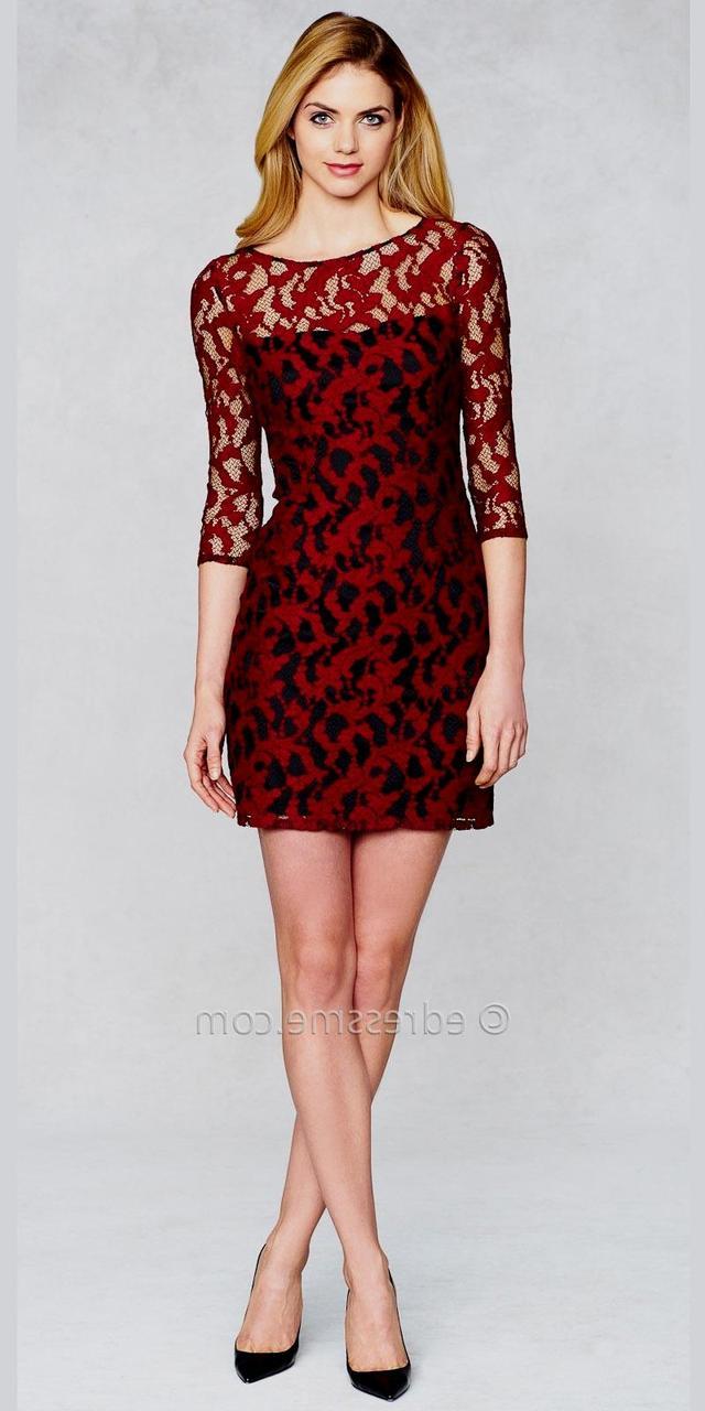 Aidan Mattox - 151A10930 Quarter Sleeve Illusion Contrast Lace Dress in Red