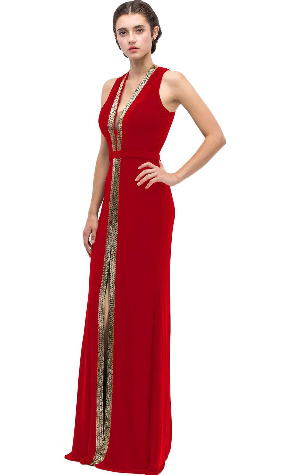 Eureka Fashion - Sleeveless Gold Beading Center Slit Long Gown 6030SC In Red and Gold
