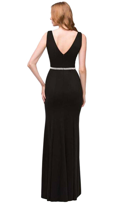 Eureka Fashion - Plunging V-neck Beaded Jersey Evening Dress In Black