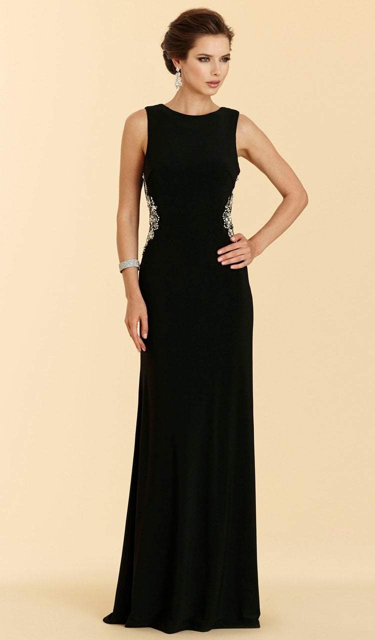 Rina Di Montella - RD2029 Bejeweled Bateau Jersey Sheath Dress Special Occasion Dress 4 / Black