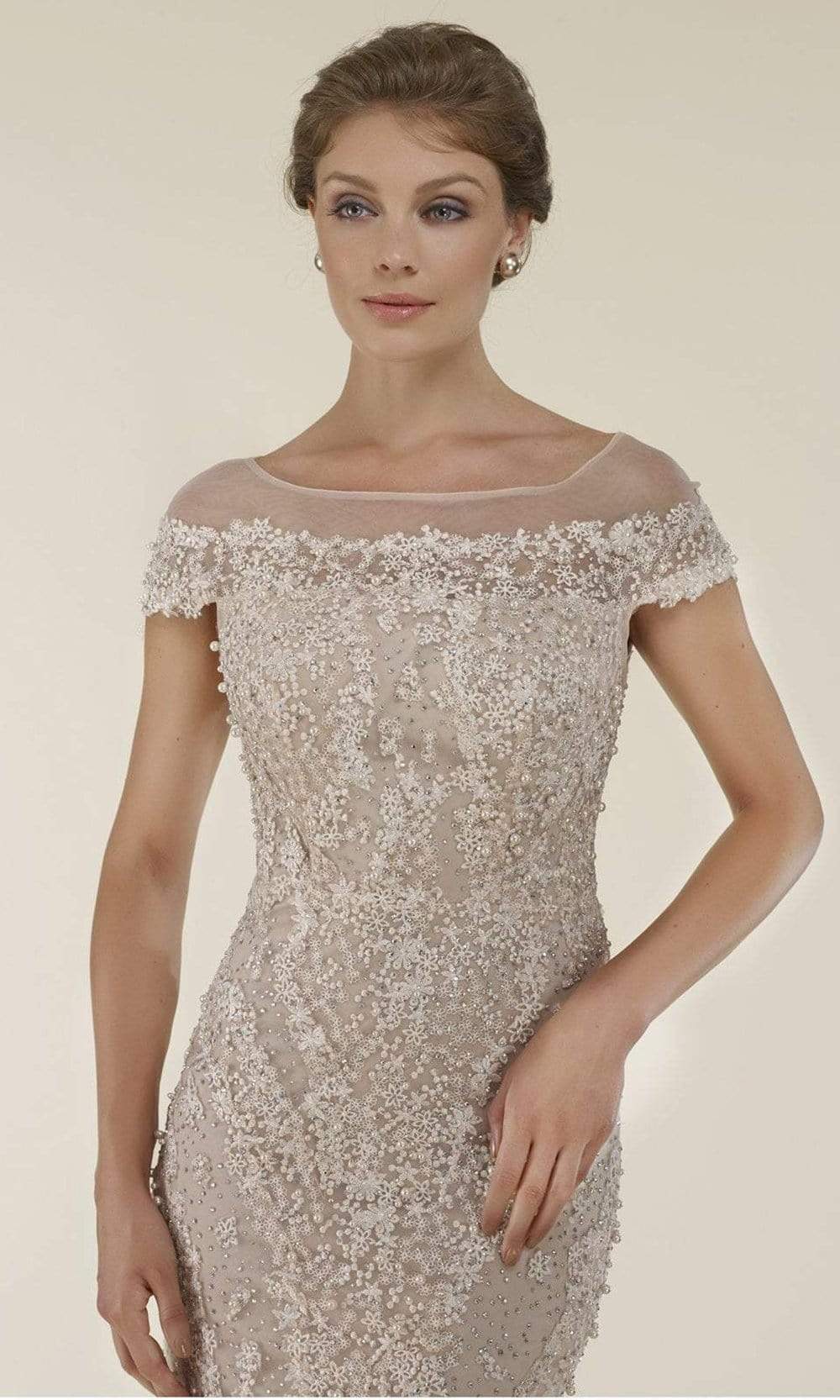 Rina di Montella - RD2403-1 Lace Applique Illusion Bateau Sheath Gown - 3 Pcs Silver & Nude in Sizes 18 and 20 Available CCSALE