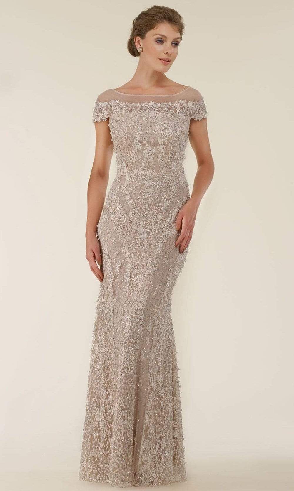 Rina di Montella - RD2403-1 Lace Applique Illusion Bateau Sheath Gown - 3 Pcs Silver & Nude in Sizes 18 and 20 Available CCSALE 18 / Silver & Nude