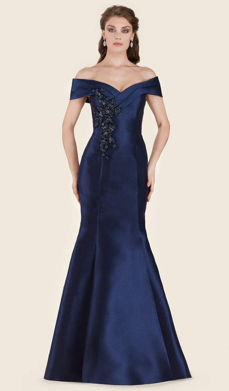 Rina Di Montella - RD2602 Embellished Folded Off-Shoulder Mermaid Gown Special Occasion Dress 4 / Navy