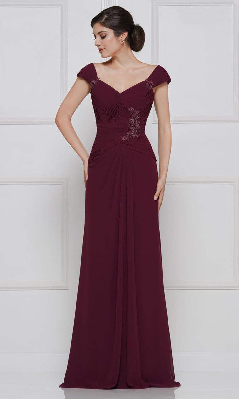 Rina Di Montella - RD2633 Embroidered V Neck Sheath Dress Mother of the Bride Dresses 4 / Burgundy