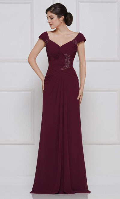 Rina Di Montella - RD2633 Embroidered V Neck Sheath Dress Mother of the Bride Dresses 4 / Burgundy