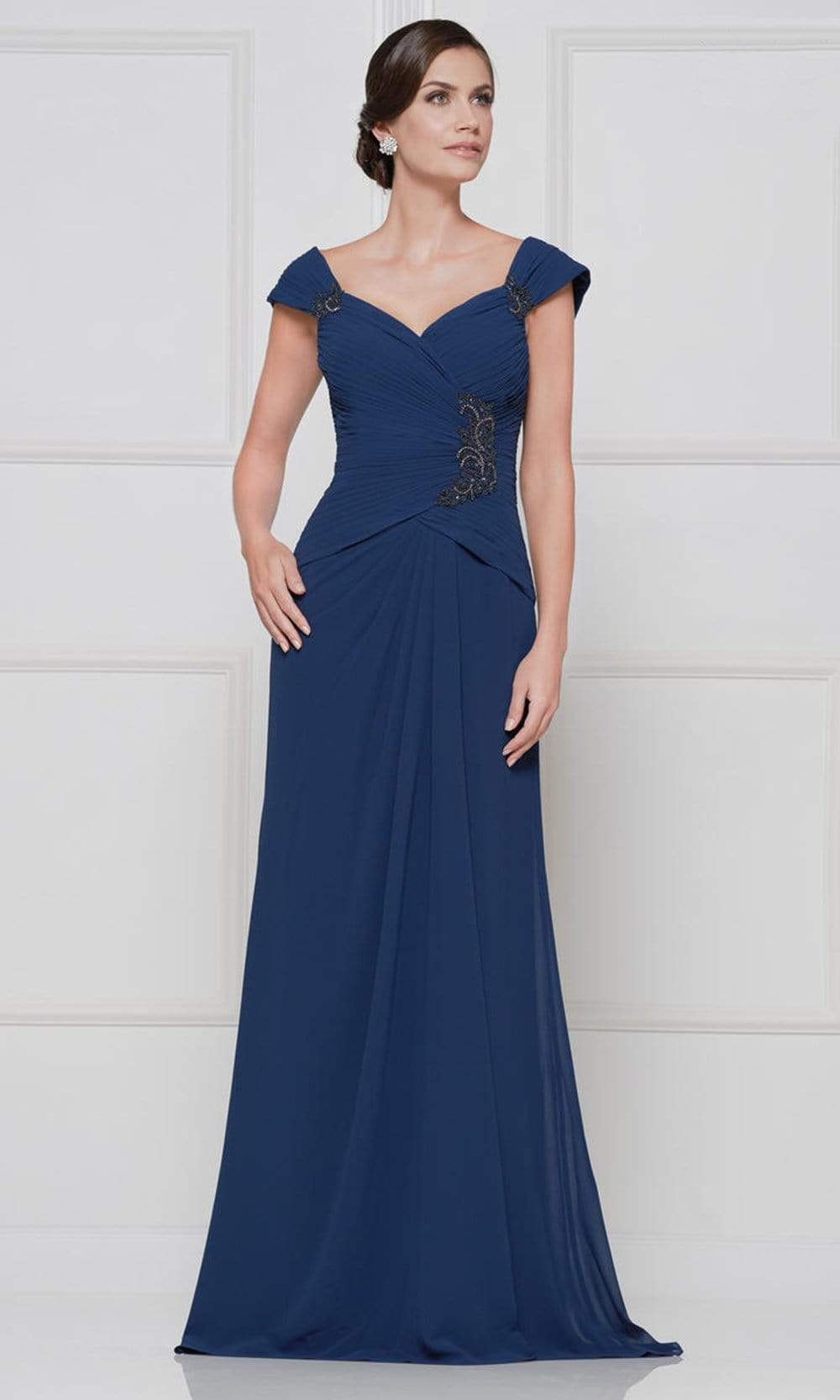 Rina Di Montella - RD2633 Embroidered V Neck Sheath Dress Mother of the Bride Dresses 4 / Navy
