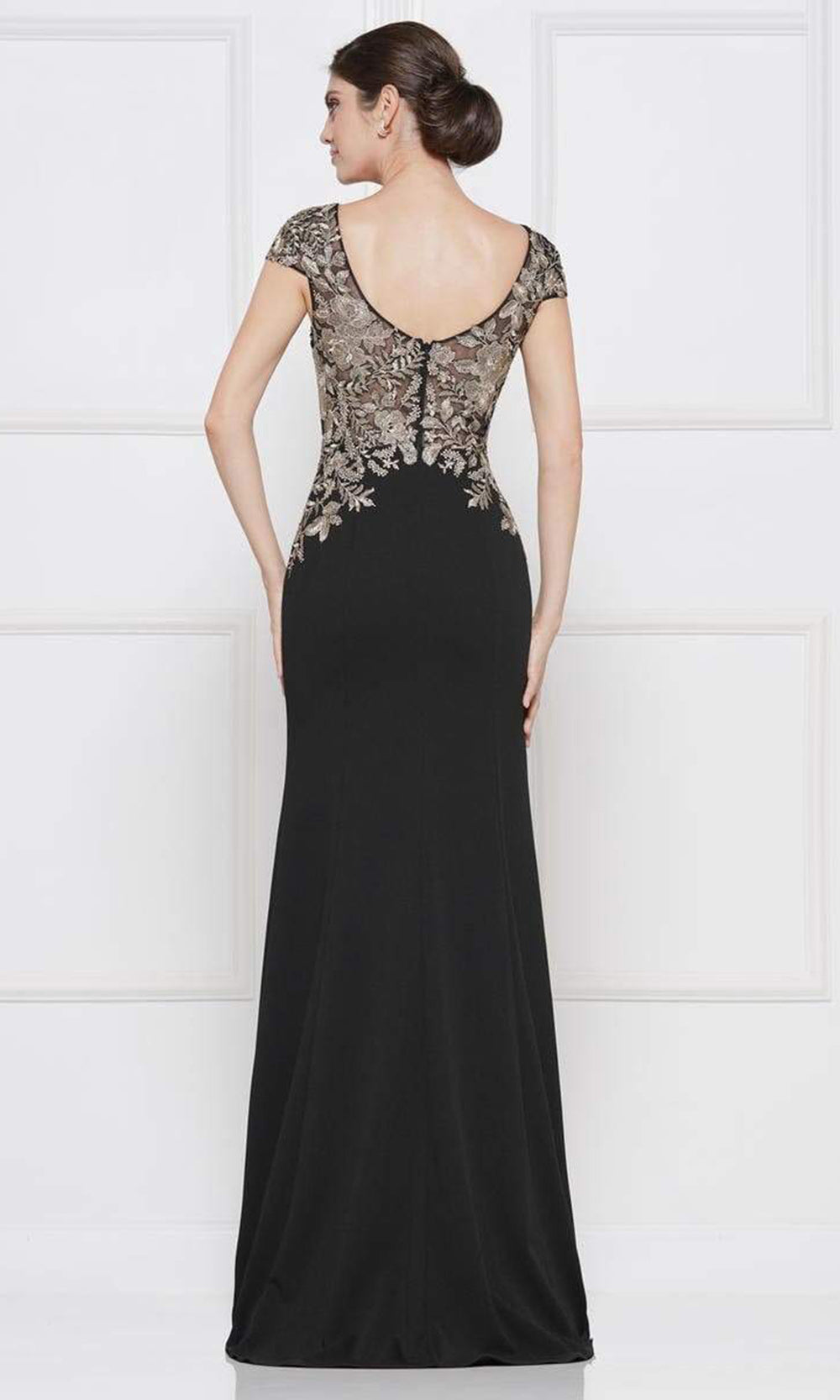 Rina Di Montella - RD2652SC Cap Sleeves Embroidered Evening Gown In Black and Gold