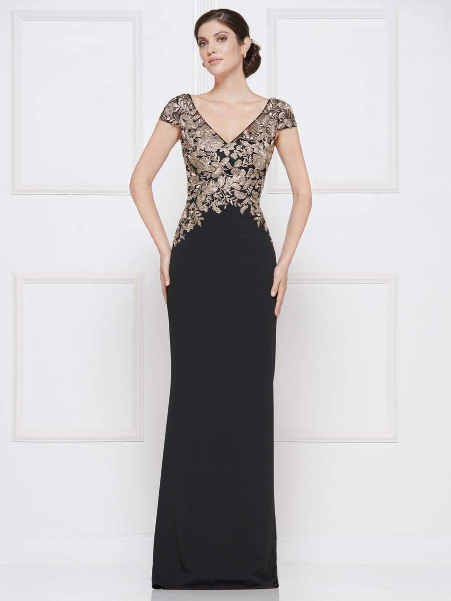Rina Di Montella - RD2652 Embroidered Vneck Stretch Crepe Sheath Dress Mother of the Bride Dresses 4 / Black & Gold