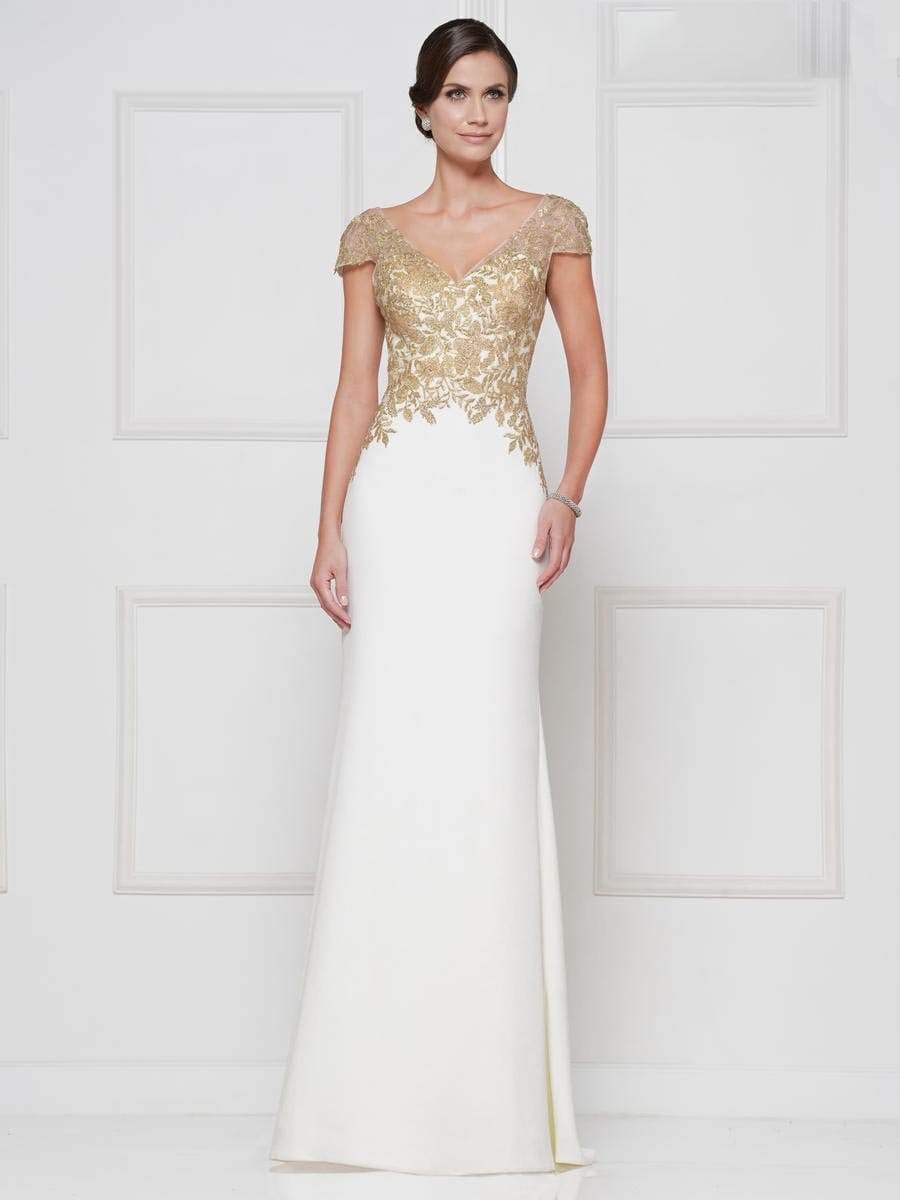 Rina Di Montella - RD2652 Embroidered Vneck Stretch Crepe Sheath Dress Mother of the Bride Dresses 4 / Navy & Gold